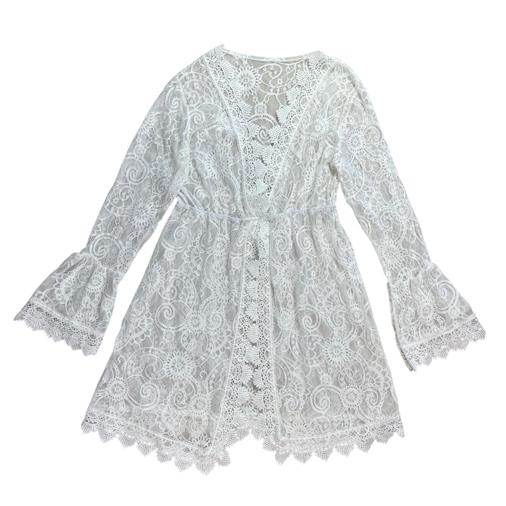 Womens White Lace Bell Sleeve Kimono Sheer Festival Ethereal Fairy Coquette